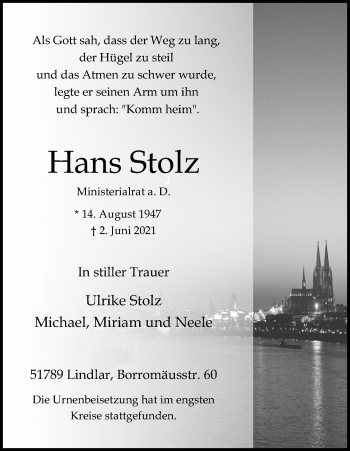 Anzeige von Hans Stolz von Kölner Stadt-Anzeiger / Kölnische Rundschau / Express