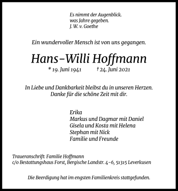 Anzeige von Hans-Willi Hoffmann von Kölner Stadt-Anzeiger / Kölnische Rundschau / Express