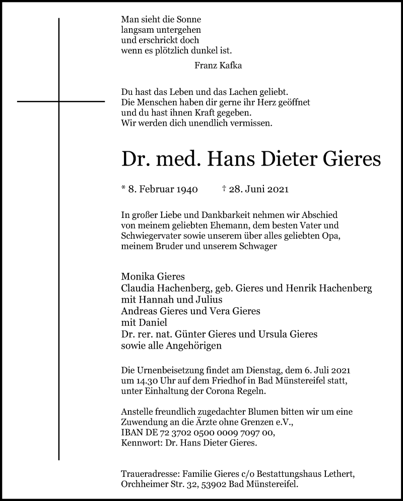  Traueranzeige für Hans Dieter Gieres vom 03.07.2021 aus Kölner Stadt-Anzeiger / Kölnische Rundschau / Express