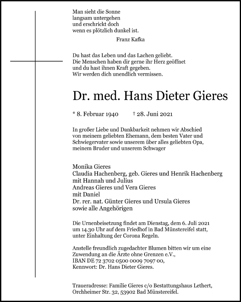  Traueranzeige für Hans Dieter Gieres vom 03.07.2021 aus  Blickpunkt Euskirchen 