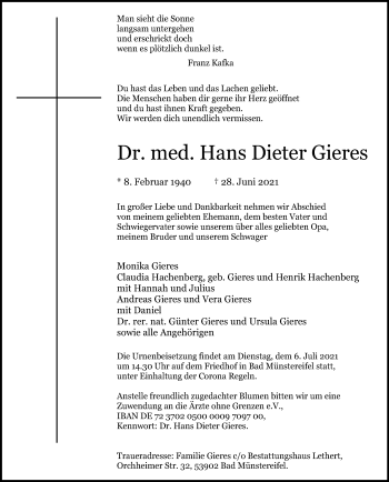 Anzeige von Hans Dieter Gieres von Kölner Stadt-Anzeiger / Kölnische Rundschau / Express