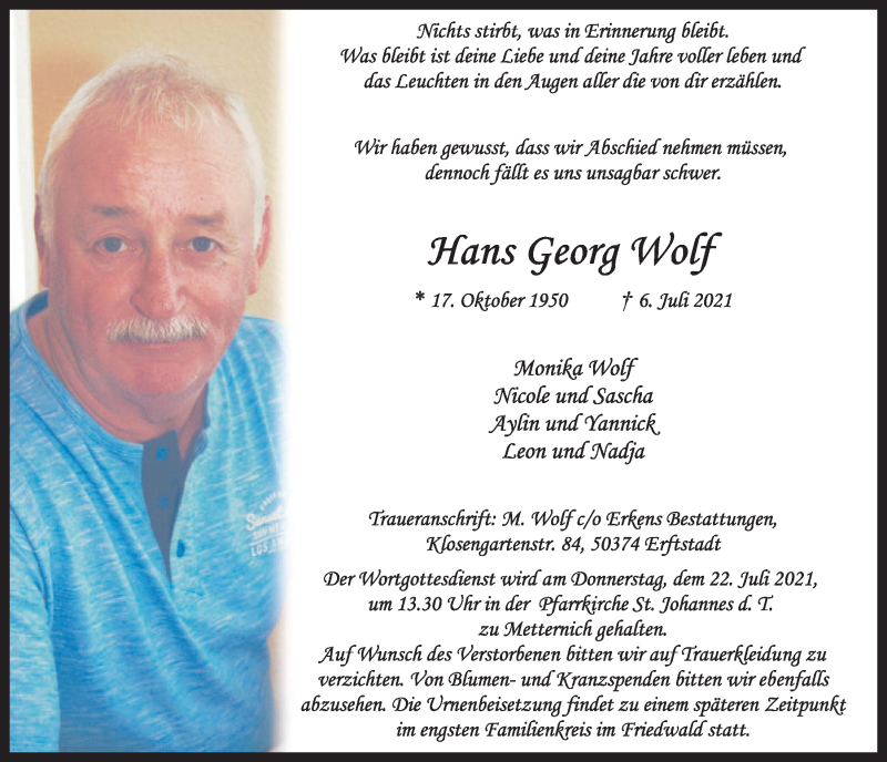 Traueranzeige für Hans Georg Wolf vom 17.07.2021 aus  Blickpunkt Euskirchen 