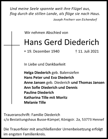 Anzeige von Hans Gerd Diederich von Kölner Stadt-Anzeiger / Kölnische Rundschau / Express