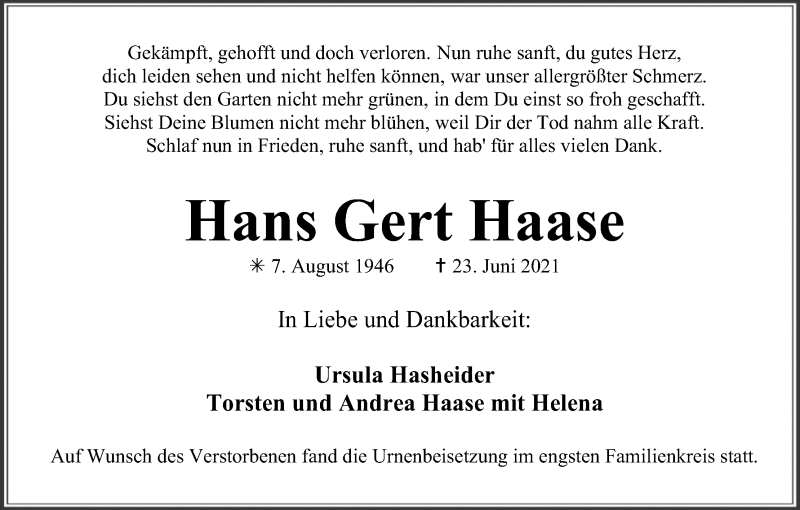  Traueranzeige für Hans Gert Haase vom 02.07.2021 aus Kölner Stadt-Anzeiger / Kölnische Rundschau / Express