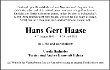 Anzeige von Hans Gert Haase von Kölner Stadt-Anzeiger / Kölnische Rundschau / Express