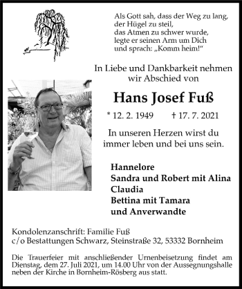 Anzeige von Hans Josef Fuß von  Schaufenster/Blickpunkt 