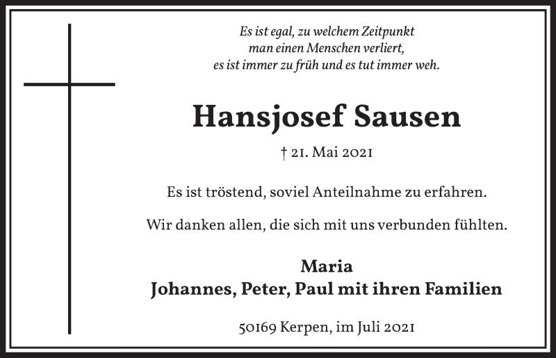  Traueranzeige für Hansjosef Sausen vom 16.07.2021 aus  Werbepost 