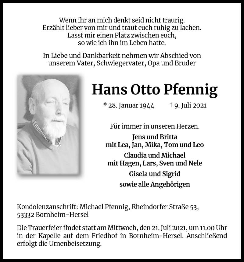  Traueranzeige für Hans Otto Pfennig vom 17.07.2021 aus Kölner Stadt-Anzeiger / Kölnische Rundschau / Express