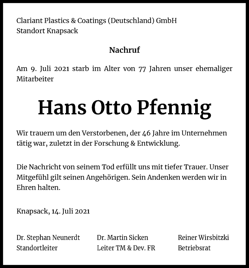  Traueranzeige für Hans Otto Pfennig vom 17.07.2021 aus Kölner Stadt-Anzeiger / Kölnische Rundschau / Express