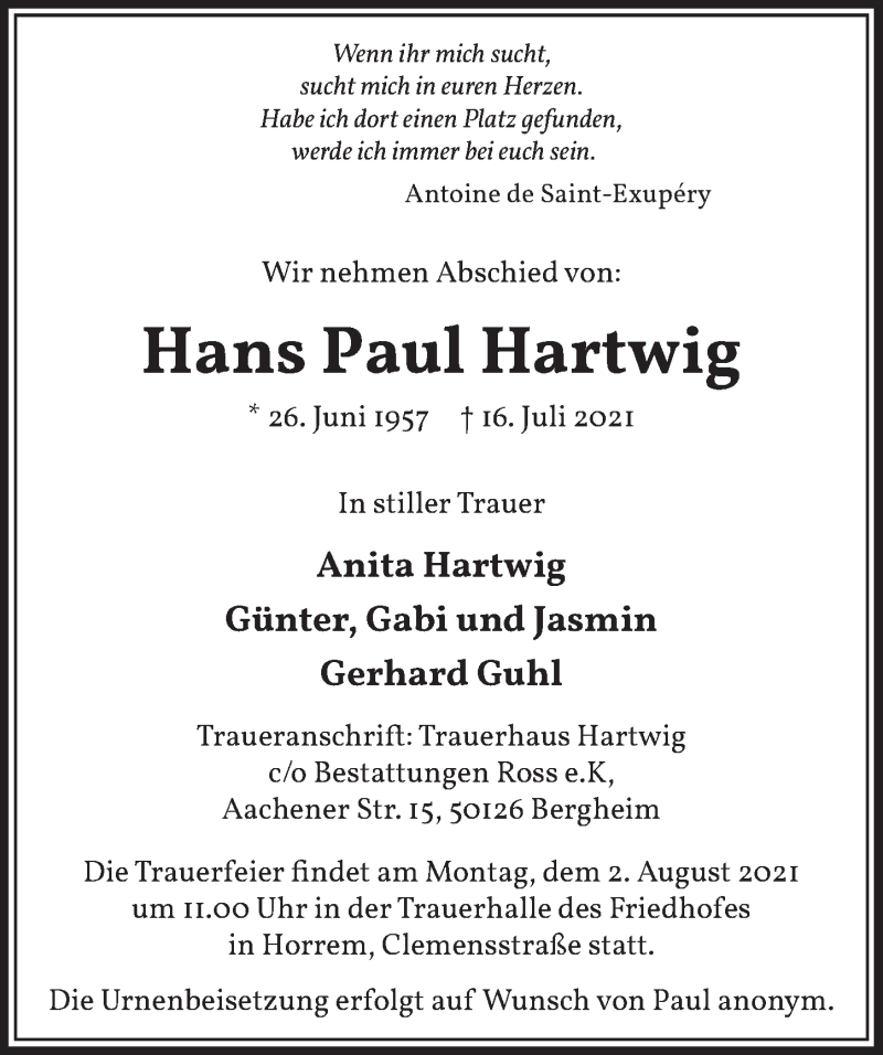  Traueranzeige für Hans Paul Hartwig vom 30.07.2021 aus  Werbepost 