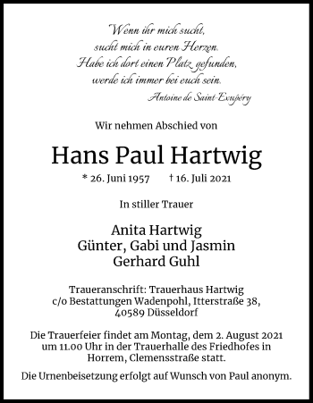Anzeige von Hans Paul Hartwig von Kölner Stadt-Anzeiger / Kölnische Rundschau / Express
