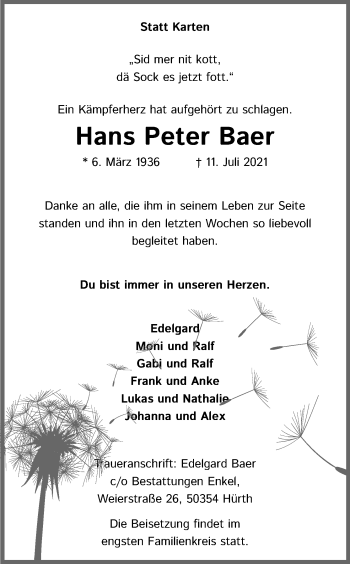 Anzeige von Hans Peter Baer von Kölner Stadt-Anzeiger / Kölnische Rundschau / Express