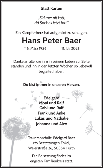 Anzeige von Hans Peter Baer von  Wochenende 