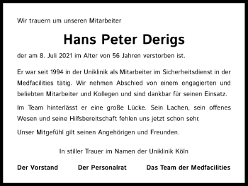 Anzeige von Hans Peter Derigs von Kölner Stadt-Anzeiger / Kölnische Rundschau / Express