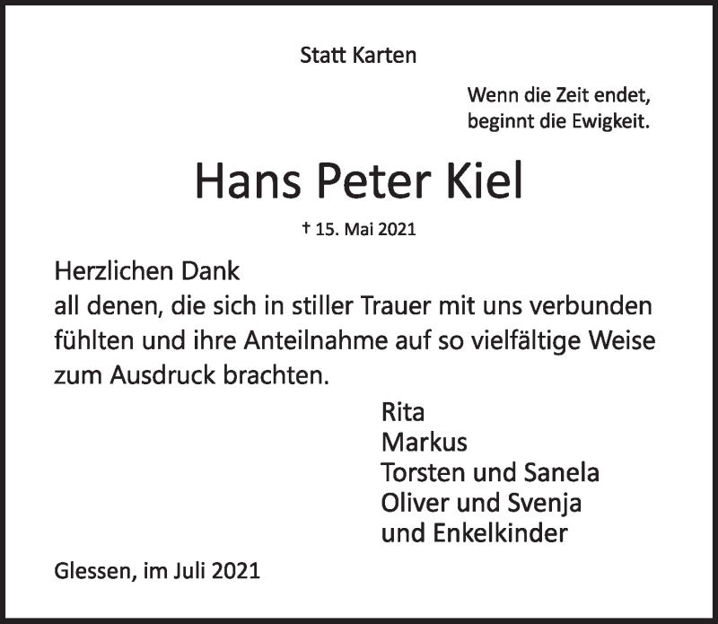  Traueranzeige für Hans Peter Kiel vom 09.07.2021 aus  Werbepost 