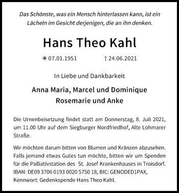 Anzeige von Hans Theo Kahl von Kölner Stadt-Anzeiger / Kölnische Rundschau / Express