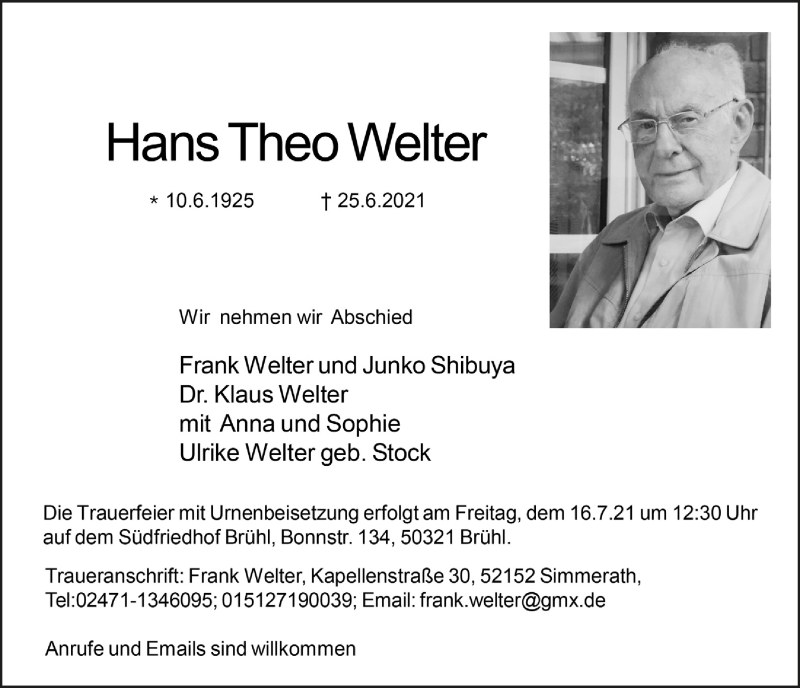  Traueranzeige für Hans Theo Welter vom 02.07.2021 aus  Schlossbote/Werbekurier 