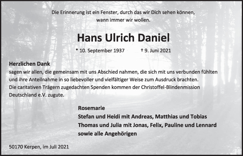  Traueranzeige für Hans Ulrich Daniel vom 16.07.2021 aus  Werbepost 