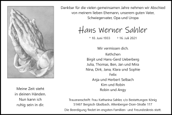 Anzeige von Hans Werner Sahler von Kölner Stadt-Anzeiger / Kölnische Rundschau / Express