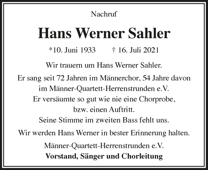  Traueranzeige für Hans Werner Sahler vom 30.07.2021 aus  Bergisches Handelsblatt 