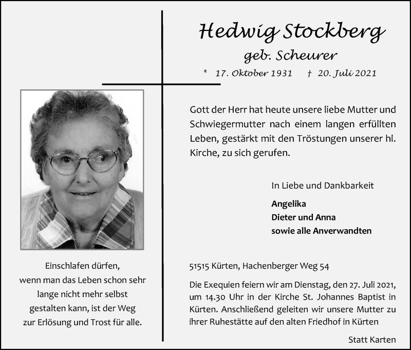  Traueranzeige für Hedwig Stockberg vom 24.07.2021 aus Kölner Stadt-Anzeiger / Kölnische Rundschau / Express