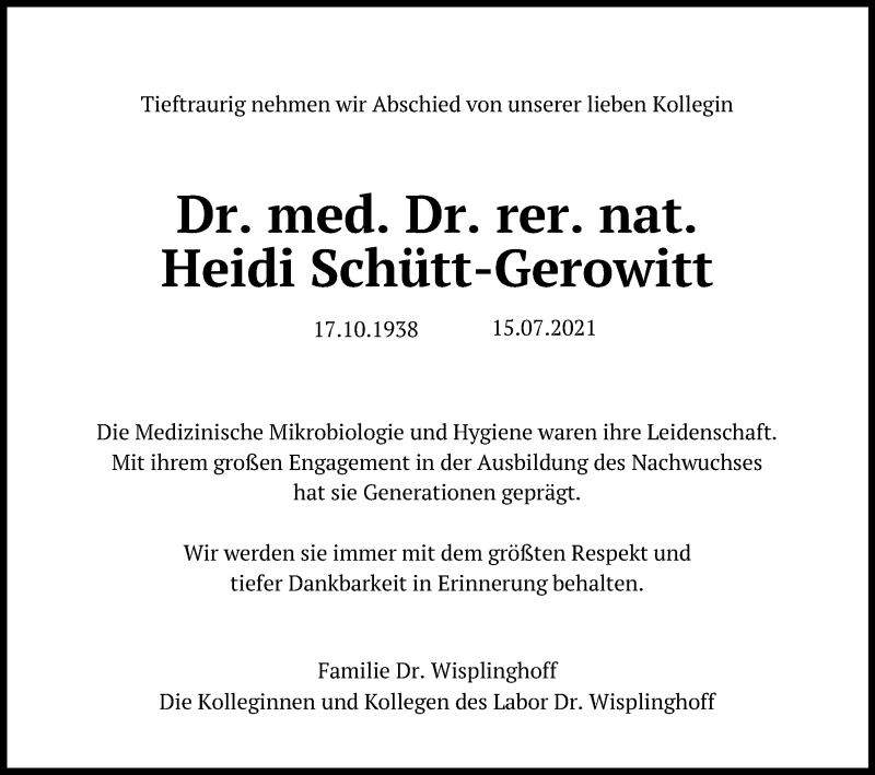  Traueranzeige für Heidi Schütt-Gerowitt vom 26.07.2021 aus Kölner Stadt-Anzeiger / Kölnische Rundschau / Express