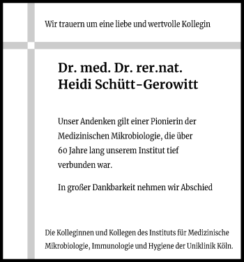 Anzeige von Heidi Schütt-Gerowitt von Kölner Stadt-Anzeiger / Kölnische Rundschau / Express