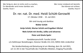 Anzeige von Heidi Schütt-Gerowitt von Kölner Stadt-Anzeiger / Kölnische Rundschau / Express