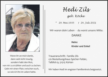 Anzeige von Heidi Zils von  Bergisches Handelsblatt 