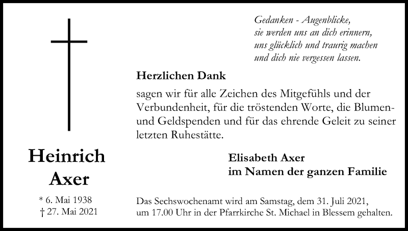  Traueranzeige für Heinrich Axer vom 17.07.2021 aus Kölner Stadt-Anzeiger / Kölnische Rundschau / Express