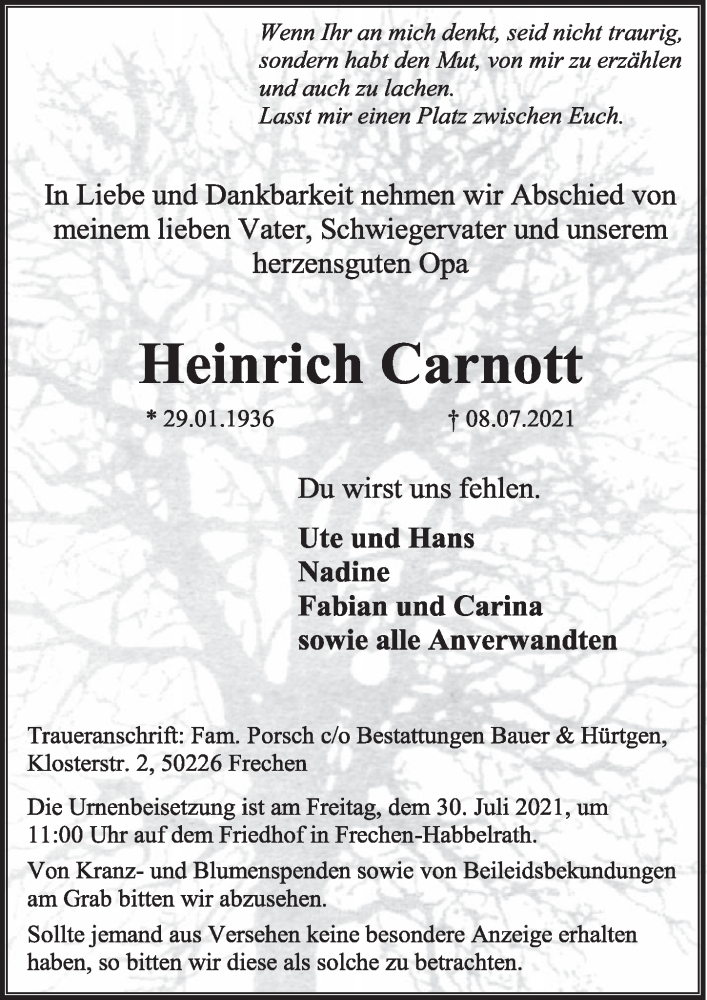  Traueranzeige für Heinrich Carnott vom 23.07.2021 aus  Wochenende 