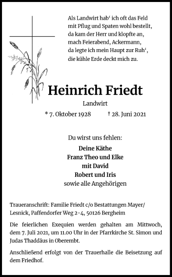 Anzeige von Heinrich Friedt von Kölner Stadt-Anzeiger / Kölnische Rundschau / Express