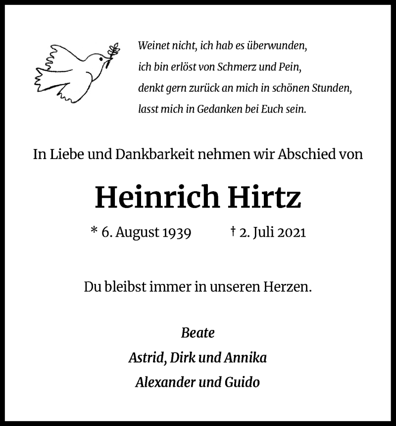  Traueranzeige für Heinrich Hirtz vom 17.07.2021 aus Kölner Stadt-Anzeiger / Kölnische Rundschau / Express
