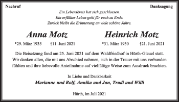 Anzeige von Heinrich Motz von  Wochenende 