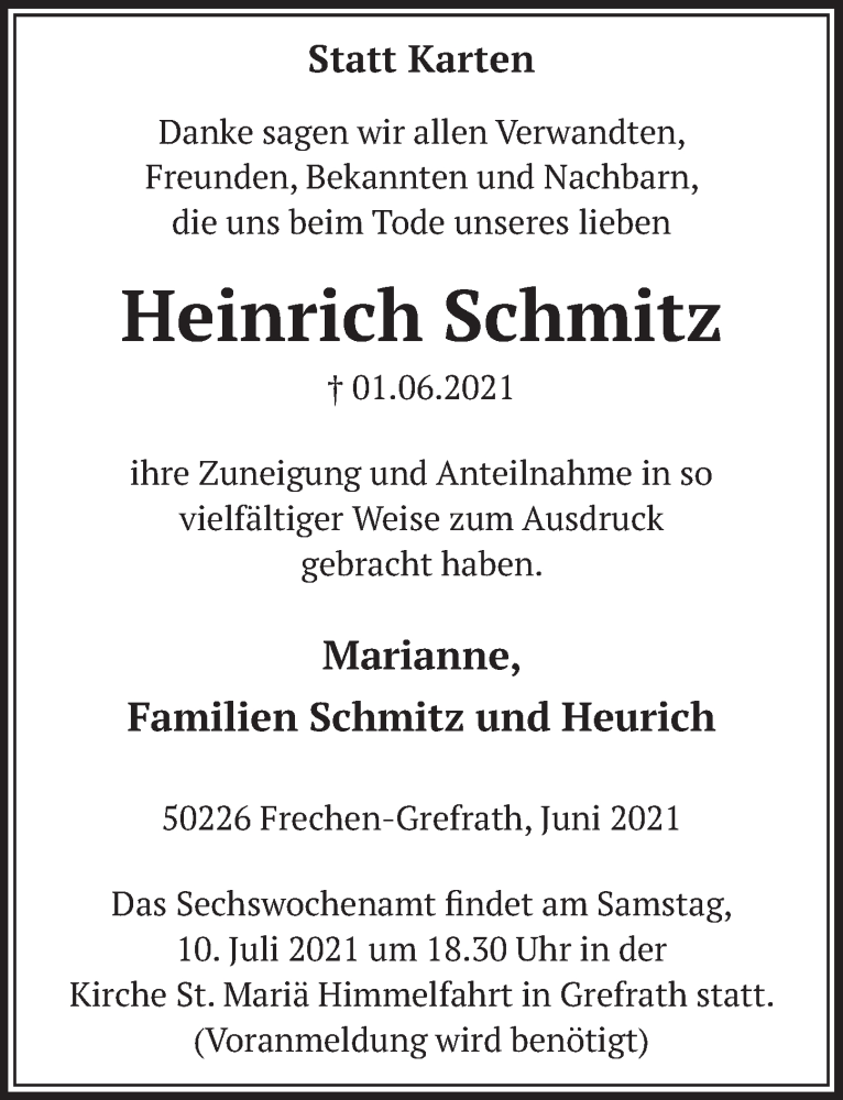  Traueranzeige für Heinrich Schmitz vom 02.07.2021 aus  Wochenende 