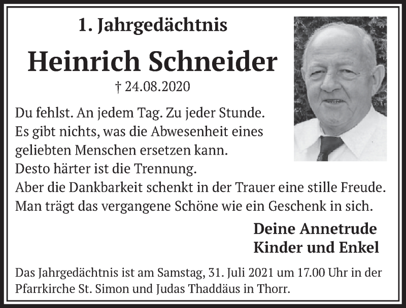  Traueranzeige für Heinrich Schneider vom 16.07.2021 aus  Werbepost 