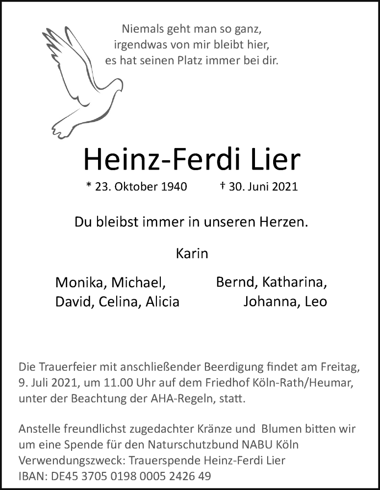  Traueranzeige für Heinz-Ferdi Lier vom 03.07.2021 aus Kölner Stadt-Anzeiger / Kölnische Rundschau / Express