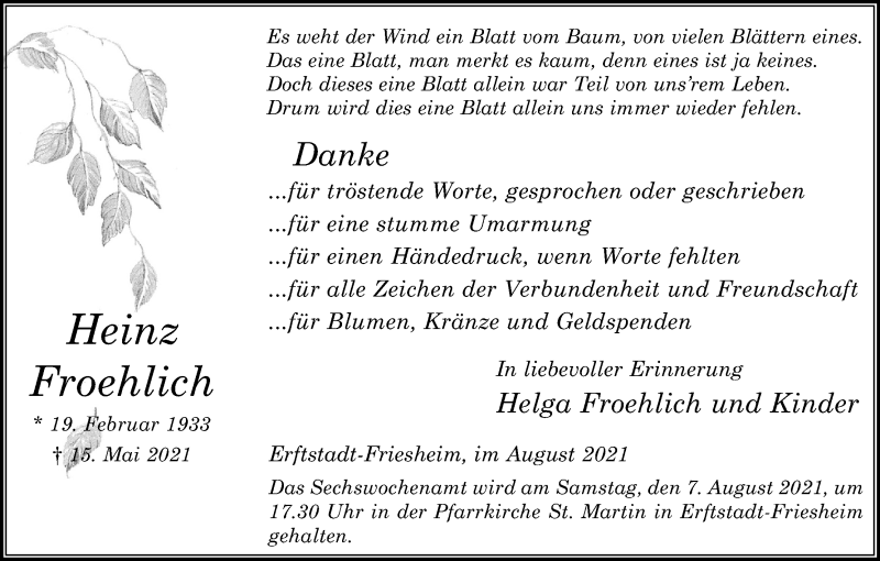  Traueranzeige für Heinz Froehlich vom 31.07.2021 aus Kölner Stadt-Anzeiger / Kölnische Rundschau / Express