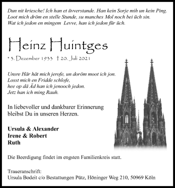 Anzeige von Heinz Huintges von Kölner Stadt-Anzeiger / Kölnische Rundschau / Express