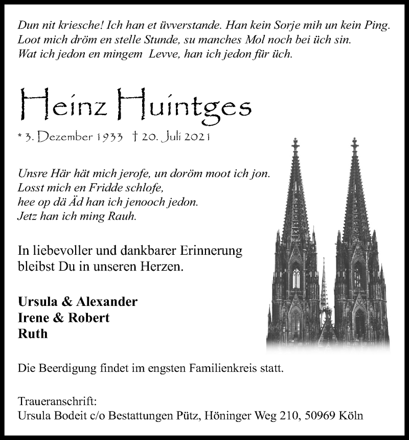  Traueranzeige für Heinz Huintges vom 24.07.2021 aus Kölner Stadt-Anzeiger / Kölnische Rundschau / Express