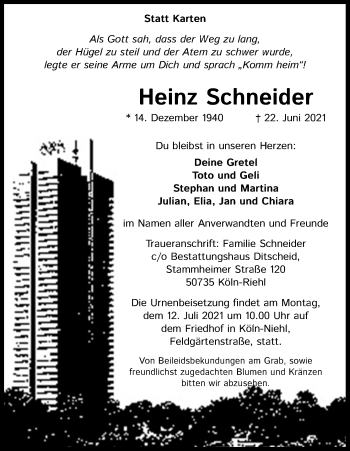 Anzeige von Heinz Schneider von Kölner Stadt-Anzeiger / Kölnische Rundschau / Express