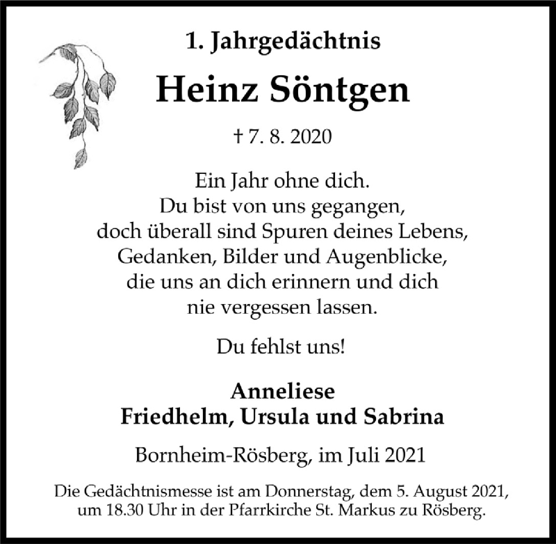  Traueranzeige für Heinz Söntgen vom 30.07.2021 aus  Schaufenster/Blickpunkt 