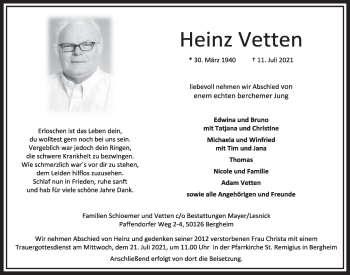 Anzeige von Heinz Vetten von  Werbepost 