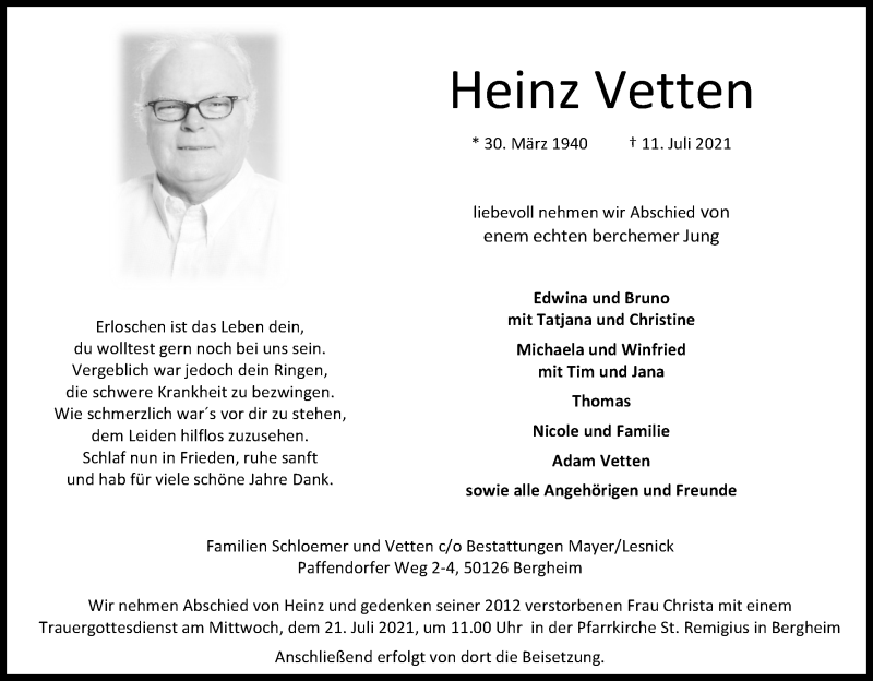  Traueranzeige für Heinz Vetten vom 17.07.2021 aus Kölner Stadt-Anzeiger / Kölnische Rundschau / Express