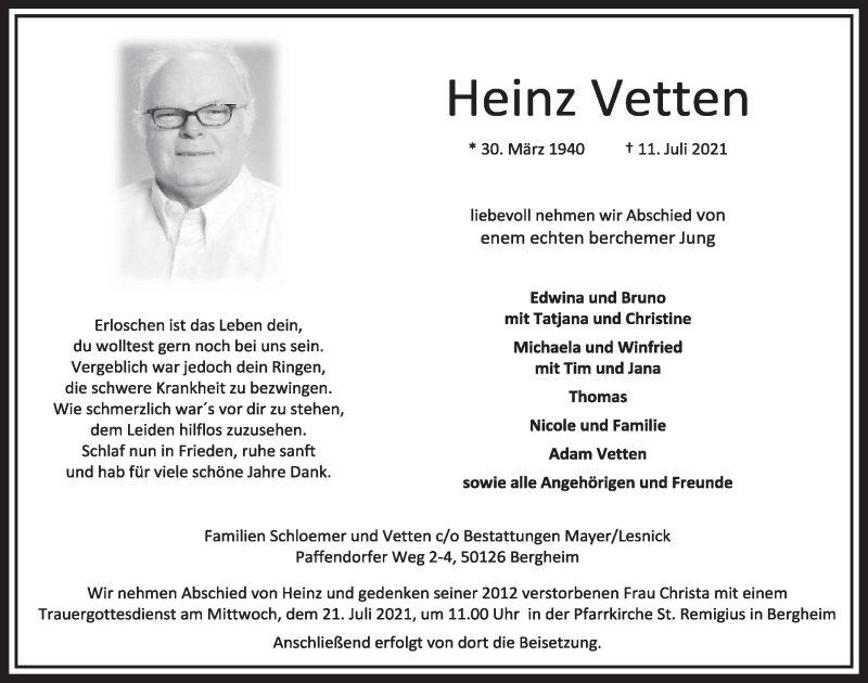  Traueranzeige für Heinz Vetten vom 16.07.2021 aus  Werbepost 