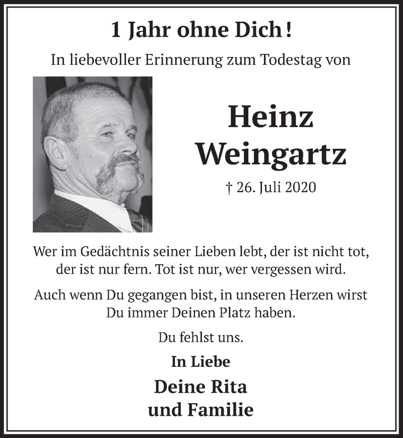  Traueranzeige für Heinz Weingartz vom 30.07.2021 aus  Werbepost 