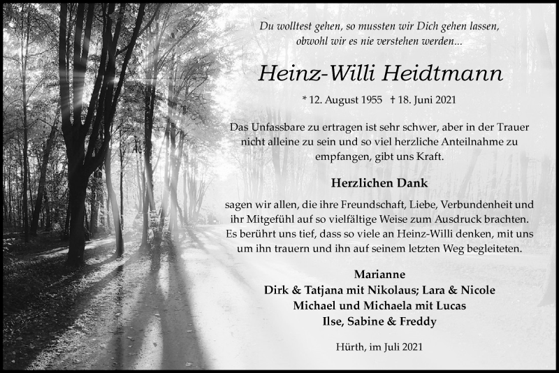  Traueranzeige für Heinz-Willi Heidtmann vom 30.07.2021 aus  Wochenende 