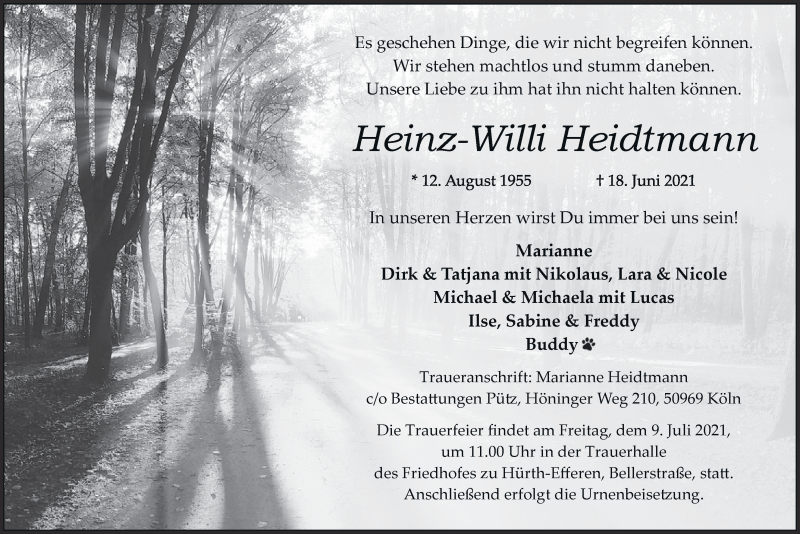  Traueranzeige für Heinz-Willi Heidtmann vom 02.07.2021 aus  Wochenende 