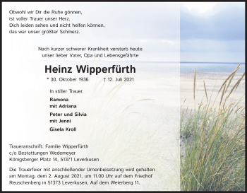 Anzeige von Heinz Wipperfürth von Kölner Stadt-Anzeiger / Kölnische Rundschau / Express