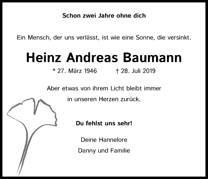  Traueranzeige für Heinz Andreas Baumann vom 28.07.2021 aus Kölner Stadt-Anzeiger / Kölnische Rundschau / Express